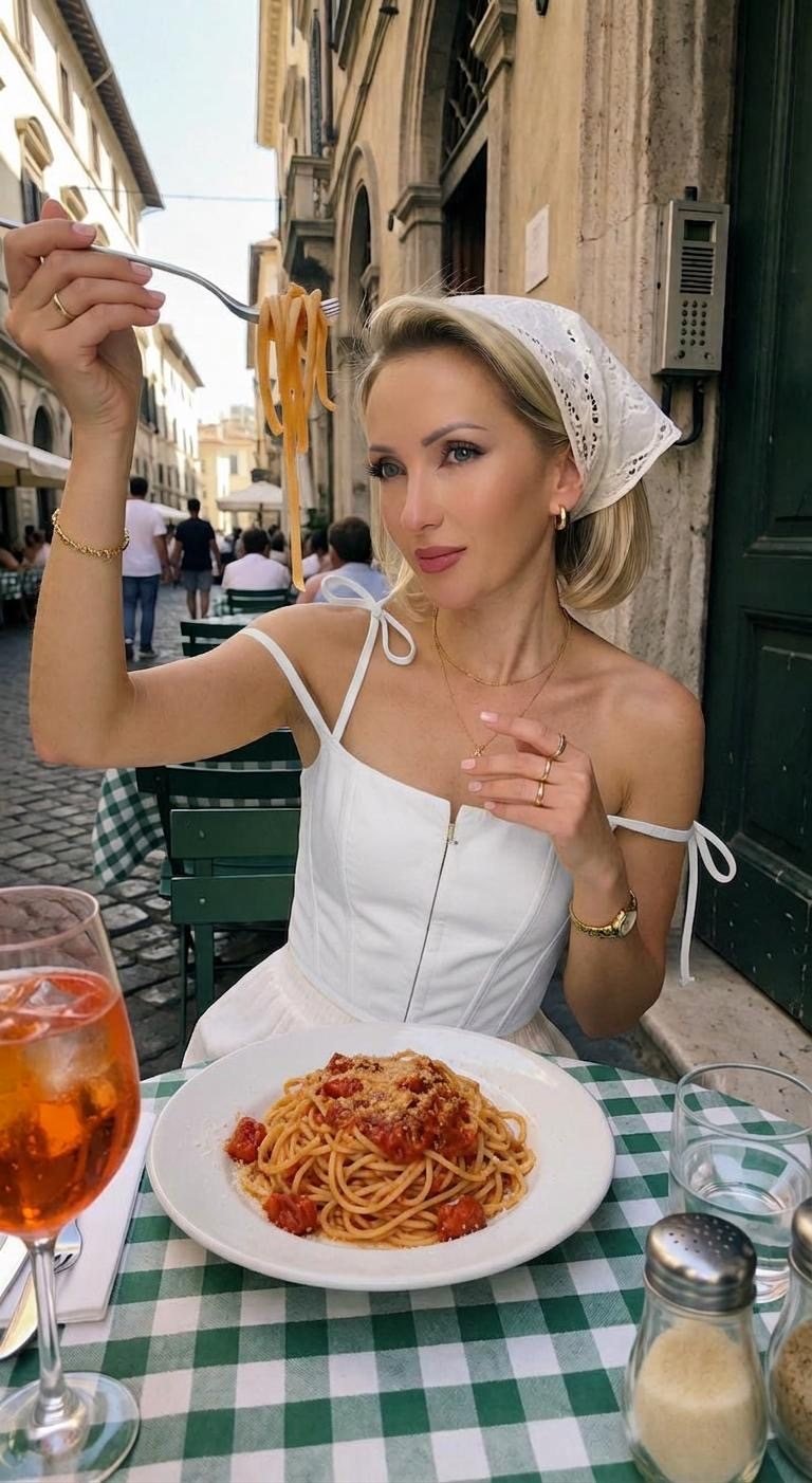 Eating pasta in a Roman street café